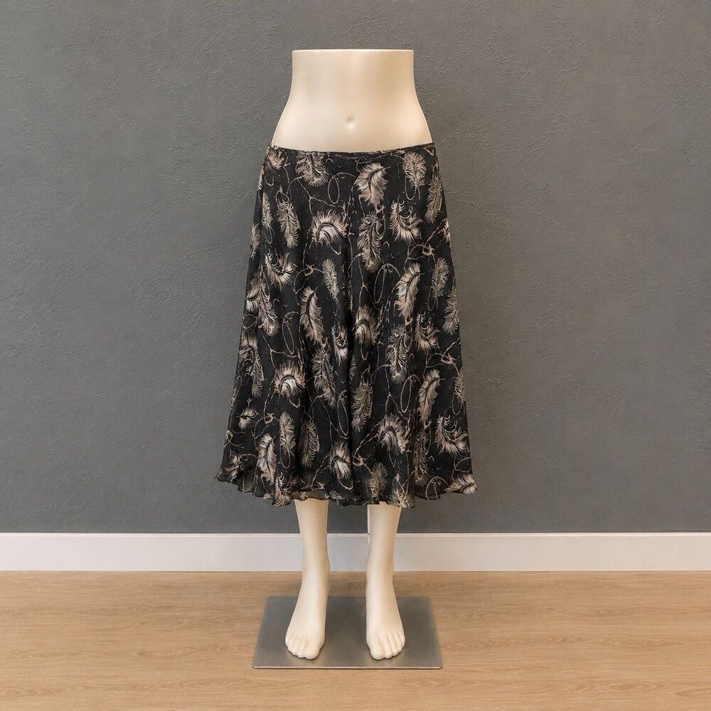 TESS Silk Feather Print Midi Skirt Women Size 16 Lined Flowy Romantic Boho